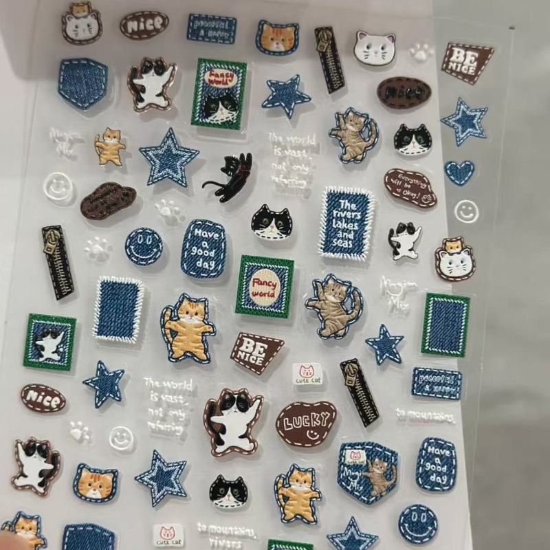 Americano retro denim gato 3d  - Nail Art Denim avaliação e preço