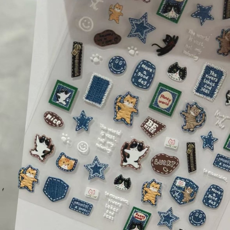 Americano retro denim gato 3d  - Nail Art Denim avaliação e preço